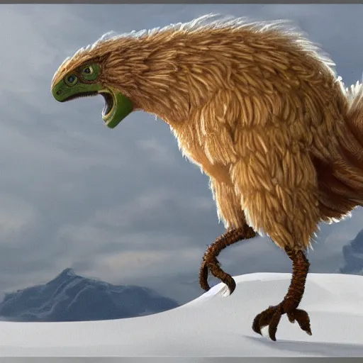 Prompt: Concept art of a feathered raptor-like alien creature, standing in the middle of a snowfield