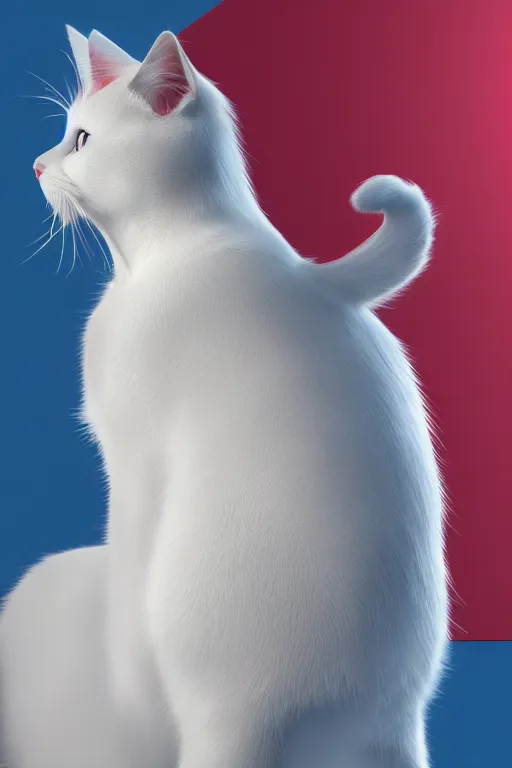 Image similar to a white cat with blue eyes wearing a red formal overcoat, hyperrealistic, concept art, octane render, unreal engine 5, realistic and defined face, profile picture, digital art, pixar and disney style, symmetrical, high quality, highly detailed, high coherence, path traced, house background, low contrast, beautiful, elegant clothes