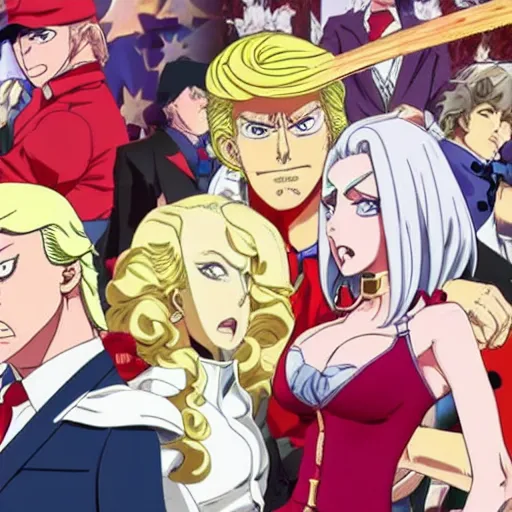 Image similar to trump as a jojo character, anime key visual, jojo the bizarre adventure, hirohiko araki, wlop