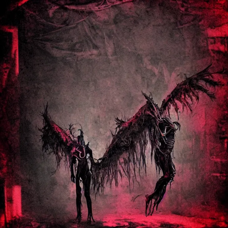 Image similar to a dark artistic photo of an alien creature with crazy wings, liminal eerie midnight backlit, big budget horror, a polaroid photo, bleeding decaying colors!