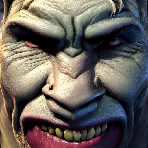 Prompt: An orc smiling into the camera, portrait, artstation, realistic, highly detailed, bokeh