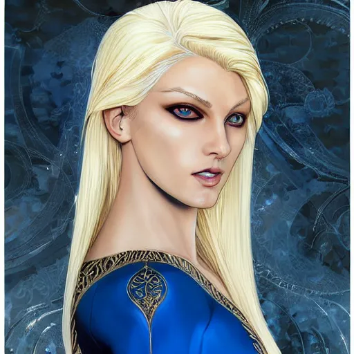 Image similar to Portrait of a tall blonde blue-eyed elf woman with white hair, wearing stylish white and gold clothes, intricate, elegant, highly detailed, smooth, sharp focus, detailed face, warm and gentle smile, graphic novel, art by stanley artgerm and Ardian Syaf and Pepe Larraz,