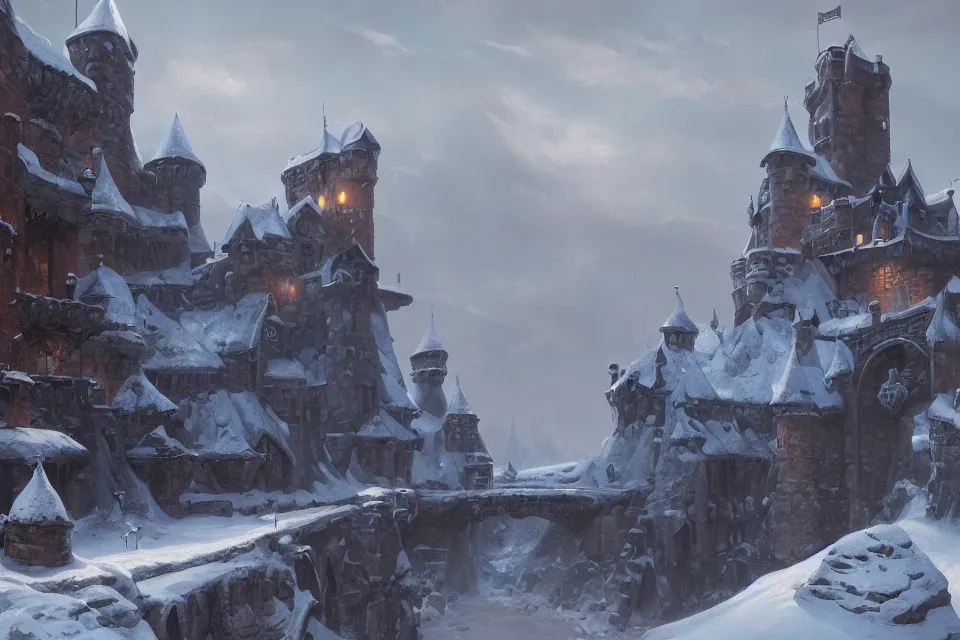 Image similar to a painting of a castle in the middle of a snowy mountain, a detailed matte painting by andreas rocha and greg rutkowski, featured on artstation, fantasy art, matte drawing, matte painting, artstation hq