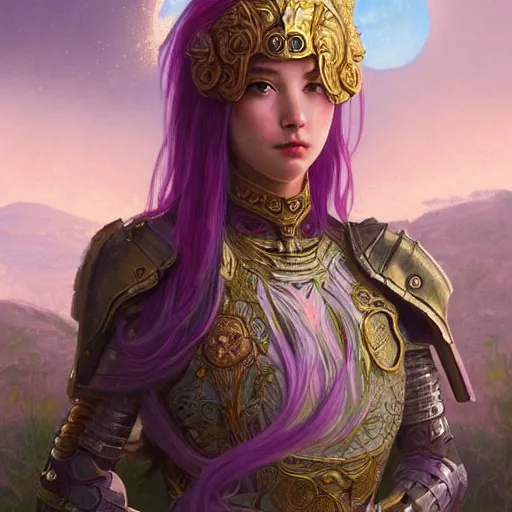 Image similar to portrait knights of Zodiac girl, metalic pink and pastel purple reflected armor, in ruined Agora of Athens sunrise, ssci-fi, fantasy, intricate, very very beautiful, elegant, golden light, highly detailed, digital painting, artstation, concept art, smooth, sharp focus, illustration, art by tian zi and WLOP and alphonse mucha