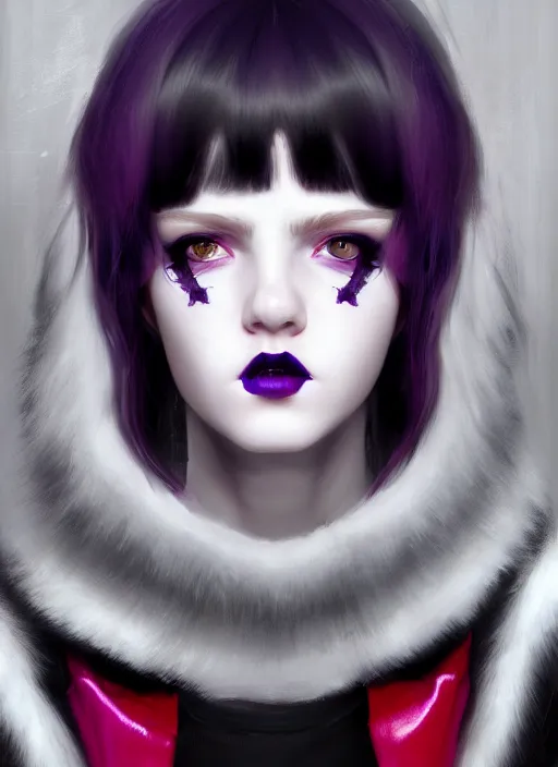 Image similar to portrait of white teenage girl, normal face, black bangs, mall goth, cyberlox, black and white hair, bangs, fluffy bangs, red contacts, purple lipstick, intricate, elegant, highly detailed, digital painting, artstation, concept art, sharp focus, smooth, illustration, art by wlop, mars ravelo and greg rutkowski