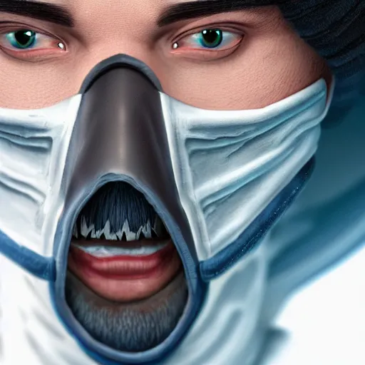 Image similar to a highly detailed, portrait of a man with black hair with a black medical mask, in a hood in the form of a blue shark with white teeth, artstation, DeviantArt, epic, professional, octane render, digital art