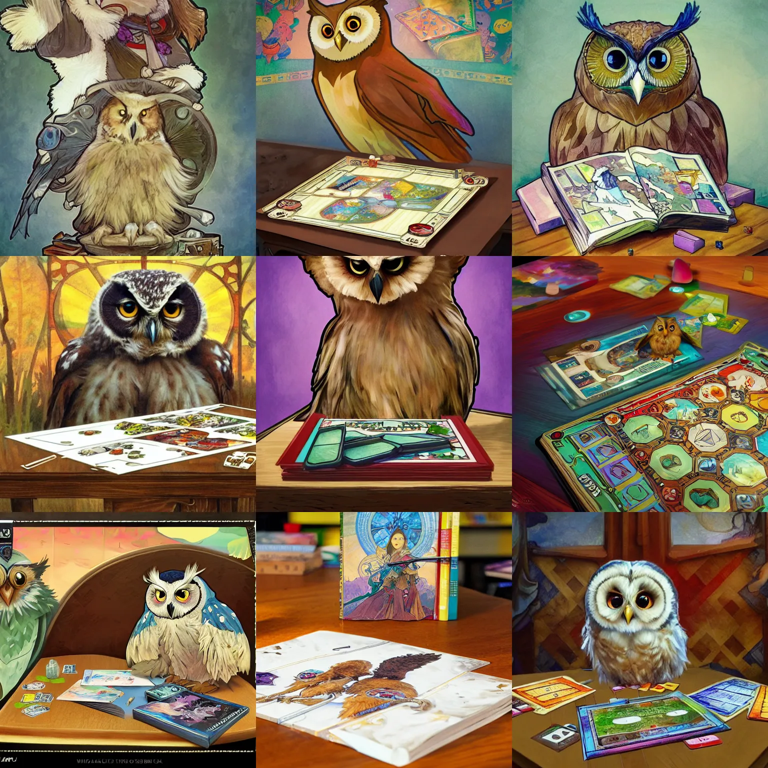 Prompt: board games on a table, with a cute fluffy owl, children's book, water color, digital painting, artstation, concept art, matte, sharp focus, illustration, art by Ivan Gantschev Alphonse Mucha