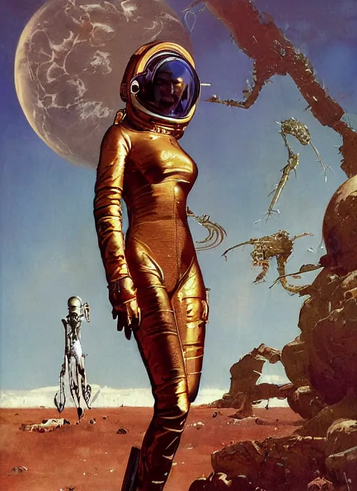 Prompt: tall elegant venusian woman wearing a latex spacesuit on alien world, by norman rockwell, jack kirby, jon berkey, earle bergey, craig mullins, ruan jia, jeremy mann, tom lovell, astounding stories, pulp illustration, scifi, amazing stories, other worlds