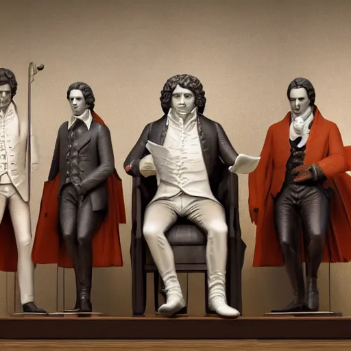 Image similar to mozart and beethoven and bach and liszt all standing next to each other, they're all statues, octane render, 8 k, highly detailed, hyper - realistic.