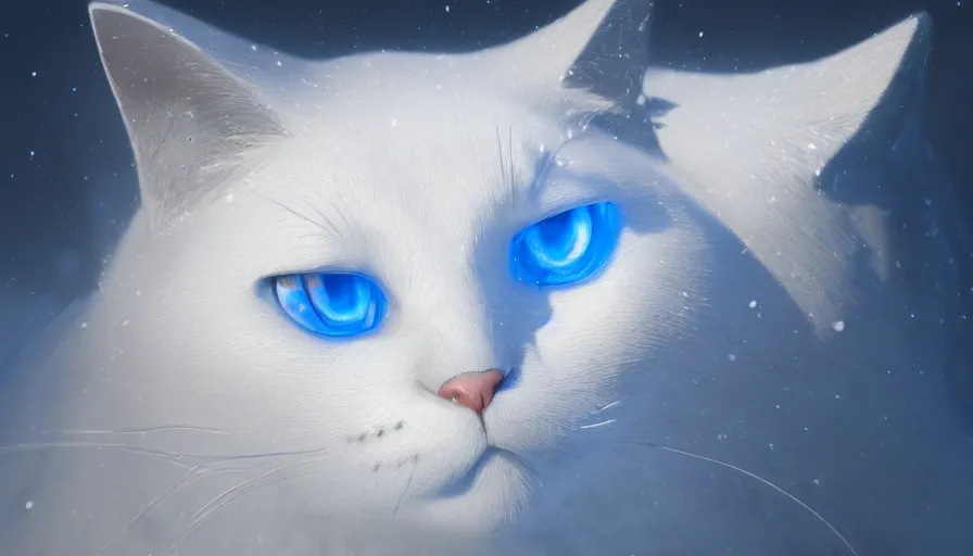 Image similar to shiny white cat with blue electric eyes, snow, light, shadow, volumetric light, hyperdetailed, artstation, cgsociety, 8 k