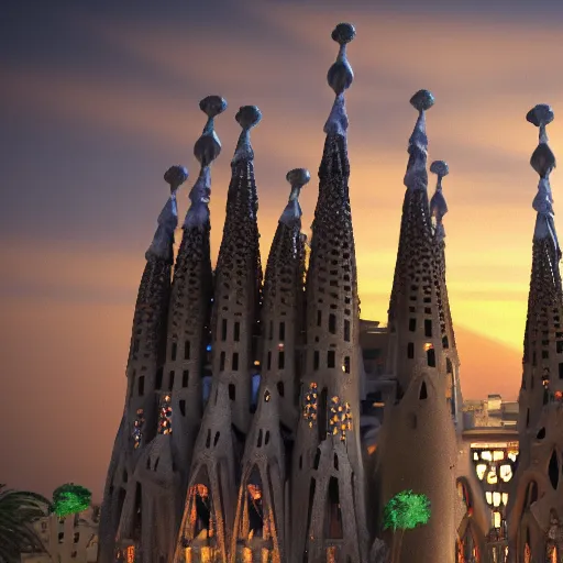 Image similar to finished version of sagrada familia by Gaudí, 4k, unreal engine, light particles, artstation