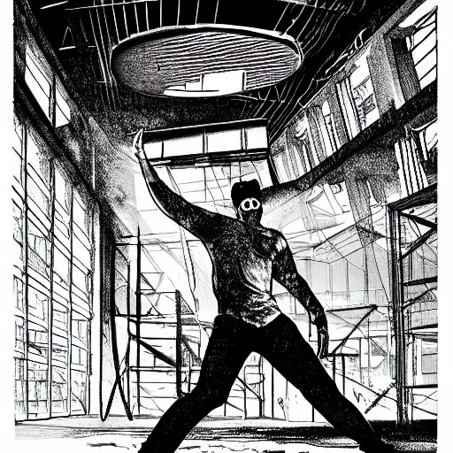 Prompt: of a raver dancing in an abandoned factory, highly detailed black and white illustration