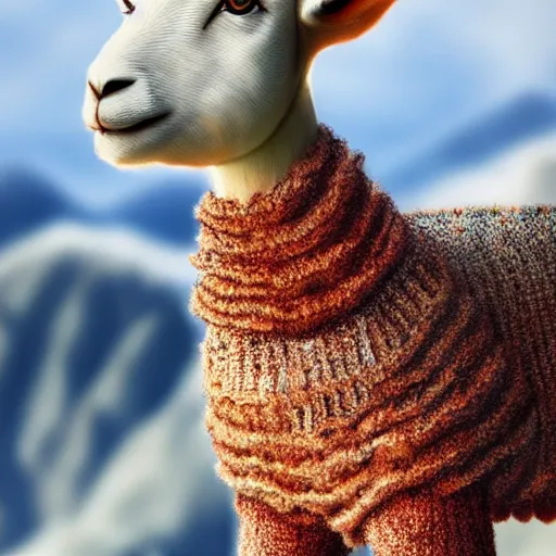 Image similar to lamb wearing a sweater, canon portrait, full body shot 4k, hills in the background, symmetry!!, coherent, photorealistic, cold colors, Scotland artstation,