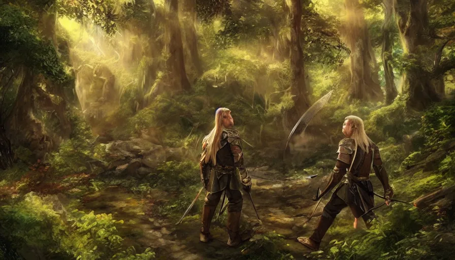 Prompt: gimli and legolas in lothlorien, being friends, artwork, artstation, beautiful setting