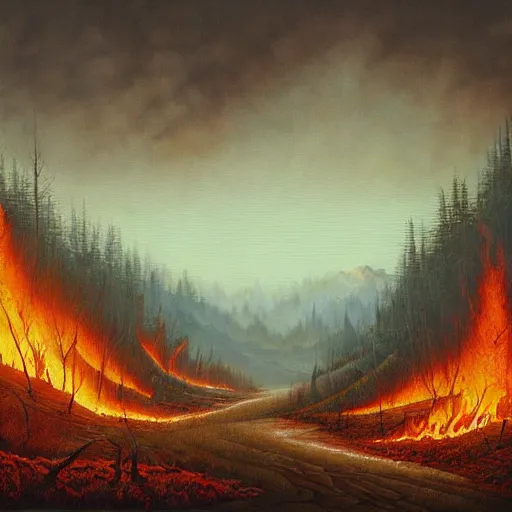 Image similar to a painting of a fire in a forest, a matte painting by Jeffrey Smith, deviantart, fantasy art, apocalypse landscape, apocalypse art, airbrush art