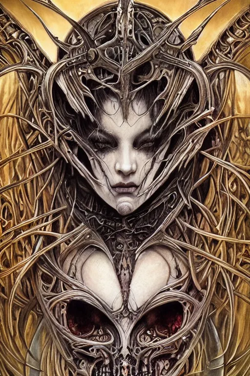 Image similar to Elden Ring and Doom themed painting of majestic chromatic biomechanical anatomical elven female hybrid beautiful ethereal angel symmetrical neutral mask closeup face tattoo pattern golden ratio concept, Neo-Gothic concept, infinity glyph waves, intricate artwork masterpiece, very coherent artwork, cinematic, full frontal facial features by Artgerm, art by H.R. Giger, Takato Yamamoto, Zdizslaw Beksinski, Johnatan Wayshak, Moebius, Ayami Kojima, very anatomically coherent artwork, trending on cgsociety, ultra high quality model, production quality cinema model, high detail chromatic ink outline, octane render, unreal engine 8k, hyper realism, high detail, octane render, unreal engine, 8k, High contrast