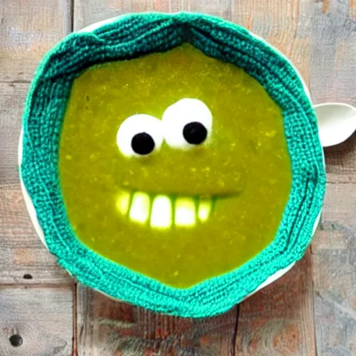 Prompt: a bowl of soup that looks like a monster, all as knitted yarn