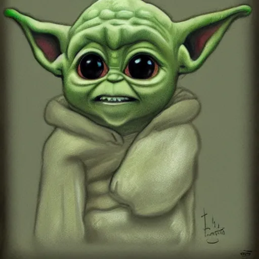 Image similar to caveman drawing of baby yoda, primitive, on a cave wall, chalk