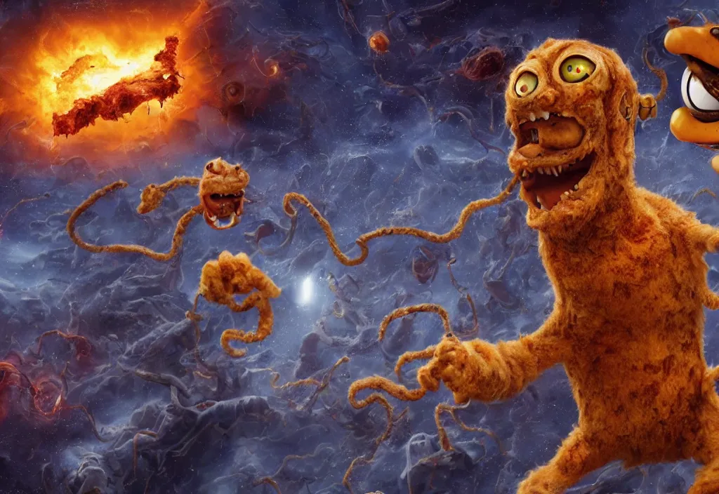 Image similar to eldritch horror bloody garfield in space, hd, 8 k, giant, epic, realistic photo, unreal engine, prophecy, powerful, cinematic lighting, destroyed planet, debris, violent, sinister, ray tracing, dynamic, epic composition, dark, horrific, teeth, grotesque, monochrome drawing, hellscape, corpses, foreboding, lightning, garfield cartoon eyes