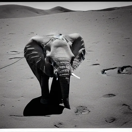 Image similar to extremely detailed black and white polaroid picture by john l. gaunt of a little elephant standing on the moon's surface