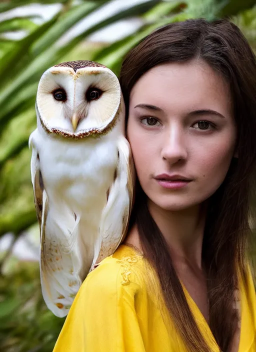 Prompt: portrait photograph of beautiful young female model, symmetric face, symmetric bright eyes, slight smile, natural light, wearing a yellow kimono with a very detailed barn owl on her shoulder!!! in a tropical greenhouse. Masterpiece!! looking at the camera!!. super resolution. Extremely detailed. .Graflex camera, bokeh!!!.