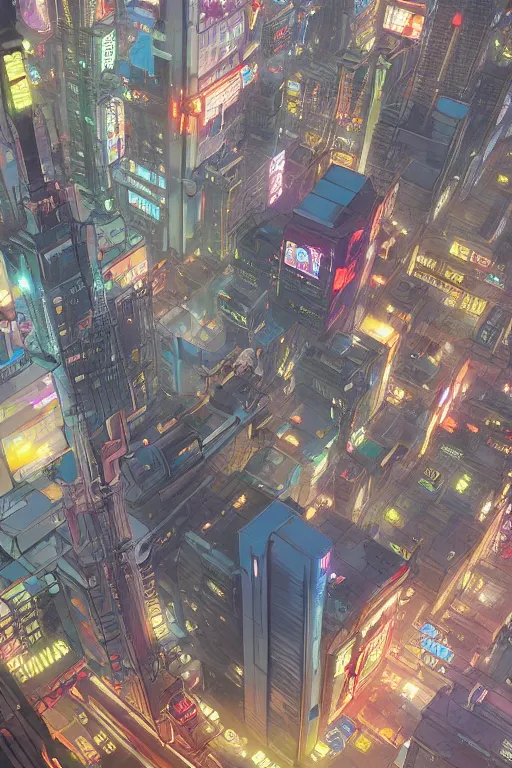 Prompt: neo tokyo skyline, Details, illustration , in the style of Studio ghibli, tekkon kinkreet, akira, breath of the wild, myazaki, anime, clean render, denoise, rule of thirds