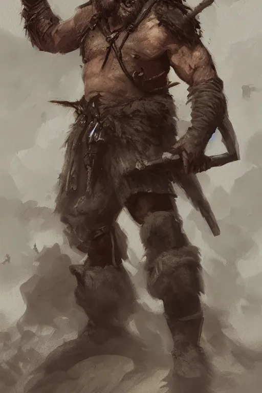 Image similar to a full body fantasy portrait oil painting illustration of a single rugged stoic barbarian man by Justin Sweet with face and body clearly visible, d&d, rpg, forgotten realms, artstation trending, high quality, sombre mood, artstation trending, muted colours, no crop, entire character,