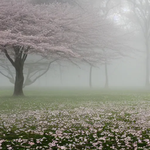 Prompt: a photograph of a foggy liminal cherry blossom forest with a white concrete cube sitting center frame, liminal