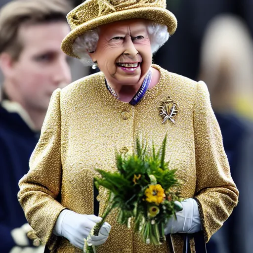 Image similar to queen elizabeth wearing a hoodie and a gold medal