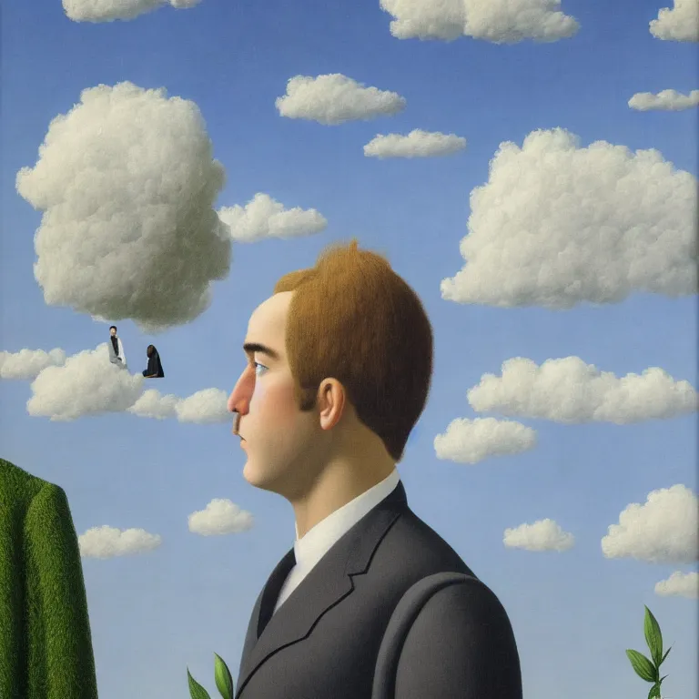 Image similar to portrait of a faceless beautiful flower - head man in a suit, clouds in the background, by rene magritte, detailed painting, distance, middle centered, hd, hq, high resolution, high detail, 4 k, 8 k