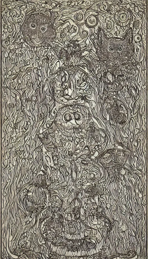 Image similar to The end of an organism, by Louis Wain engraved on a wooden board