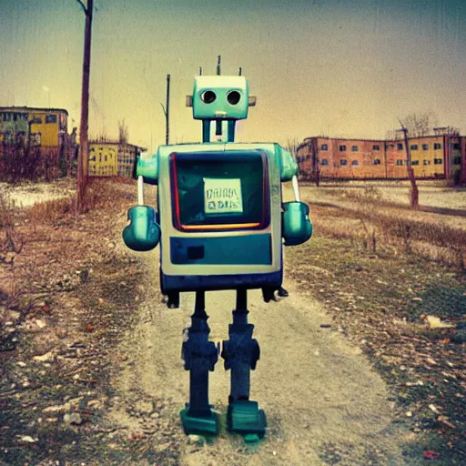 Image similar to polaroid of funny robot walking in abandoned soviet city