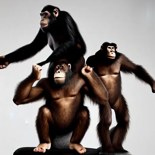 Prompt: a family of apes riding on the back of a giant human hand in front of a white background