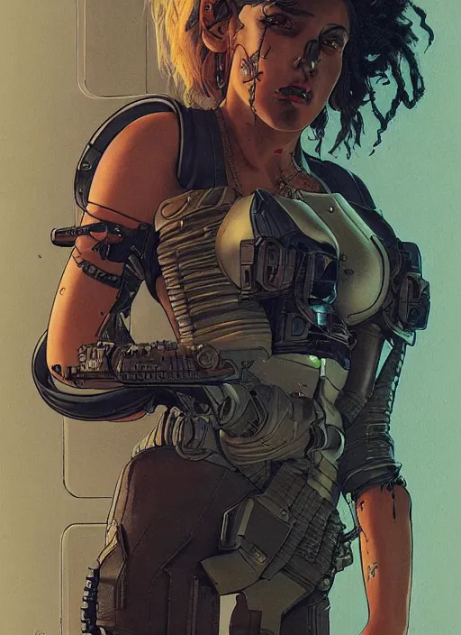 Image similar to cyberpunk mercenary. portrait by stonehouse and mœbius and will eisner and gil elvgren and pixar. realistic proportions. cyberpunk 2 0 7 7 character design, apex, blade runner 2 0 4 9 concept art. cel shading. attractive face. thick lines.