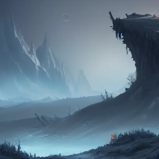 Prompt: Sweeping landscape tiny red cape, Artstation Finnstark 4k. Gigantic creatures loom in the background with a gentle presence