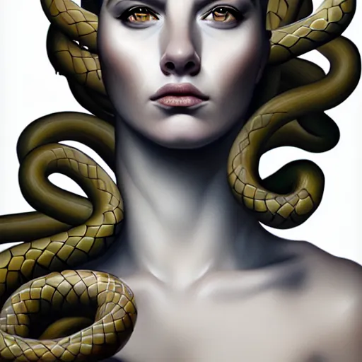 Image similar to portrait of medusa with long thin sausages instead of snakes, sausage hair, photorealistic, illustration, intricate details, masterpiece, digital art, trending on artstation