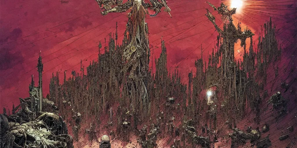 Image similar to Anti utopian future war in science fiction movies，by James Stokoe and harry clarke and Zdzisław Beksiński and Jakub Rozalski-H 576