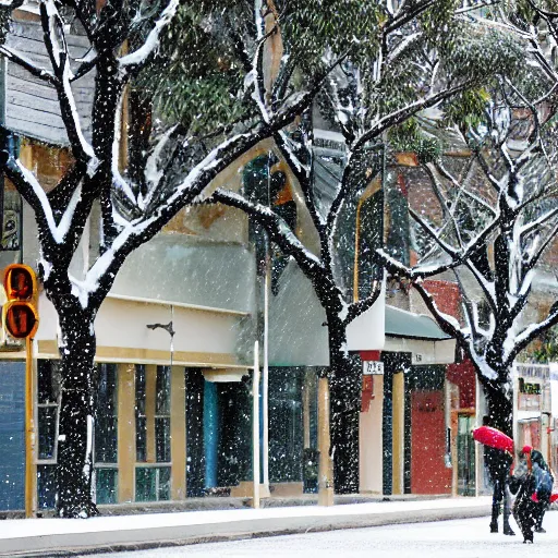 Prompt: snow falling, australia, nsw, inner west suburb, main street, winter