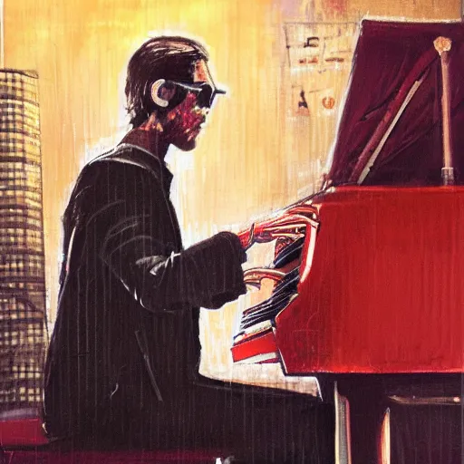 Prompt: a painting of bill evans playing piano with cyberpunk style