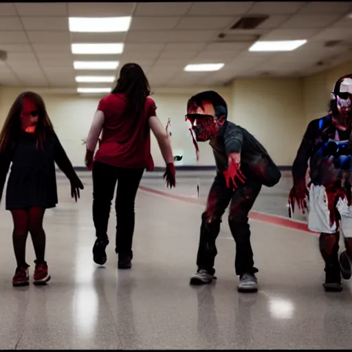 Image similar to zombie kids hunts their teacher in the school floor, cinematic, taken on a nikon, sharp focus, 4 k