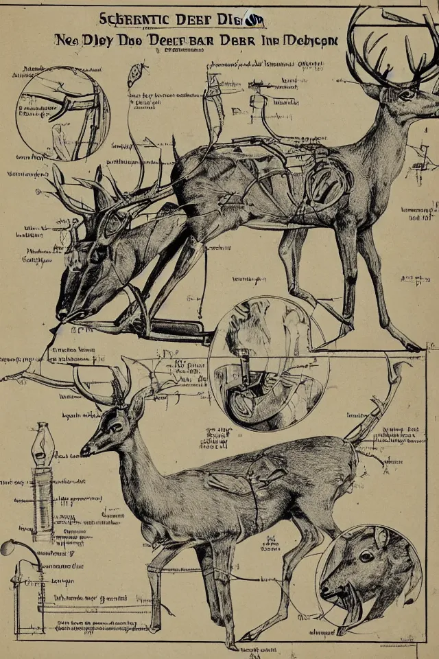 Image similar to a vintage scientific illustration and diagram of a cybernetic deer