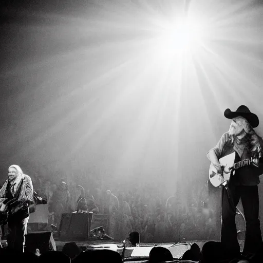 Image similar to willie nelson on stage, guitar. god rays through fog.