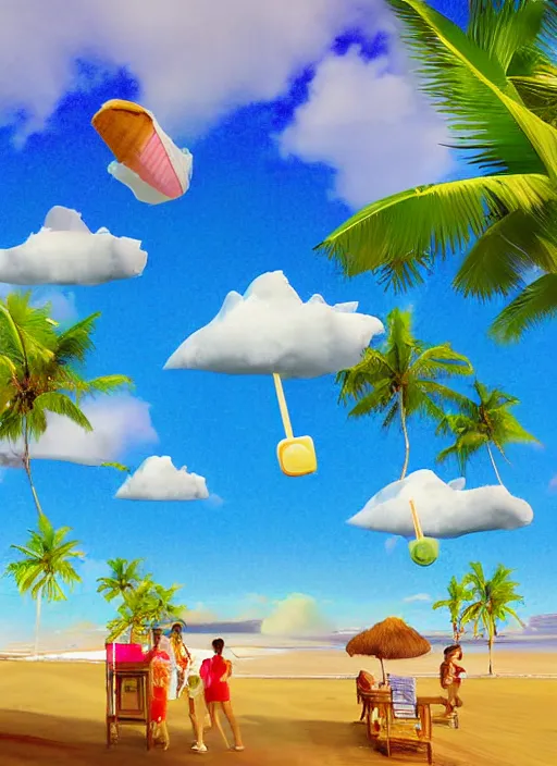 Image similar to ice cream floating in the sky over a tropical island by ralph goings, digital art