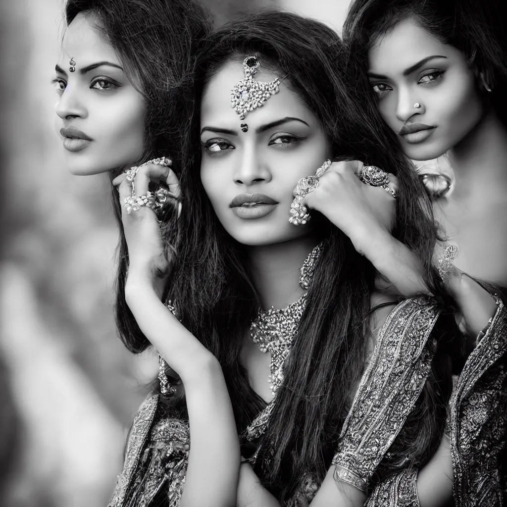 Image similar to waist up portrait photography of indian beauty who have the nose of angelina jolie, lips of megan fox and the eyes of rihanna, award winning photography by leonardo espina, black and white, old style photography, photo pose