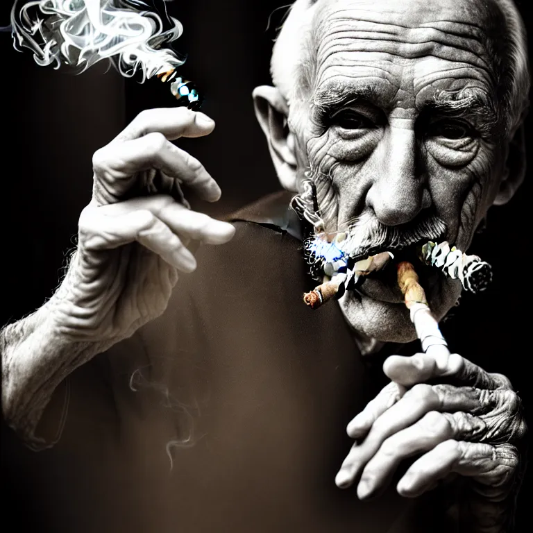 Image similar to a intricately detailed portrait of an old man, smoking a lit perfectly symmetrical cuban cigar, looking at a case of freshly opened monti cristo cigars, cinematic photography, smoke rising like clouds, beautifully symmetrical, super resolution, cgi, trending on art station, volumetric lighting & shadows, hyper detailed, 8 k, unreal engine, canon 2 0 0 mm,