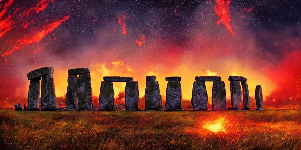 Prompt: a painting of Stonehenge in a blaze of fire as asteroids shower down from the sky, dusk, cinematic lighting