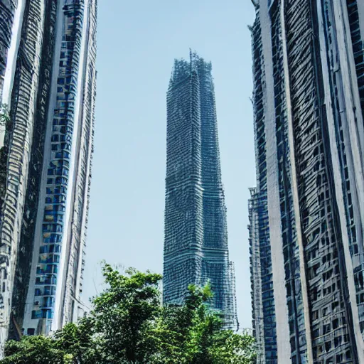 Prompt: photo of Chinese skyscrapers with trees on balcony