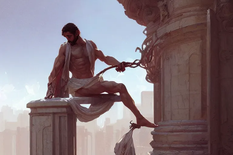 Image similar to a man tied to a column, highly detailed, digital painting, artstation, concept art, smooth, sharp focus, illustration, cinematic lighting, art by artgerm and greg rutkowski and alphonse mucha