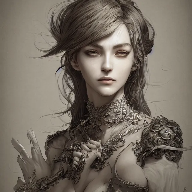 Prompt: a portrait of a lawful evil alignment personified as an absurdly beautiful, graceful, elegant, sophisticated, evil young sensual woman, an ultrafine hyperdetailed illustration by kim jung gi, irakli nadar, detailed faces, intricate linework, octopath traveler, final fantasy, unreal engine 5 highly rendered, global illumination, radiant light, detailed and intricate environment
