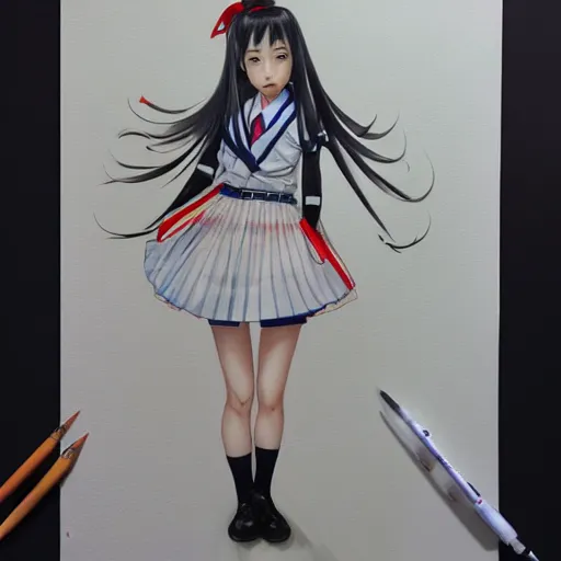 Image similar to a perfect, realistic professional digital sketch of a Japanese schoolgirl in style of Marvel, full length, by pen and watercolor, by a professional Chinese Korean artist on ArtStation, on high-quality paper